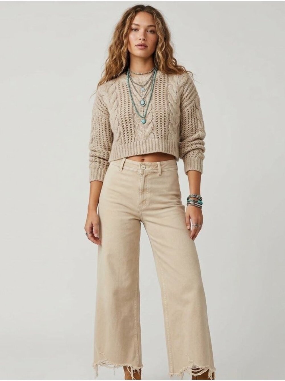 Zara 2 High-Waisted Marine Straight Beige Frayed Hem Denim Pants Cotton Blend